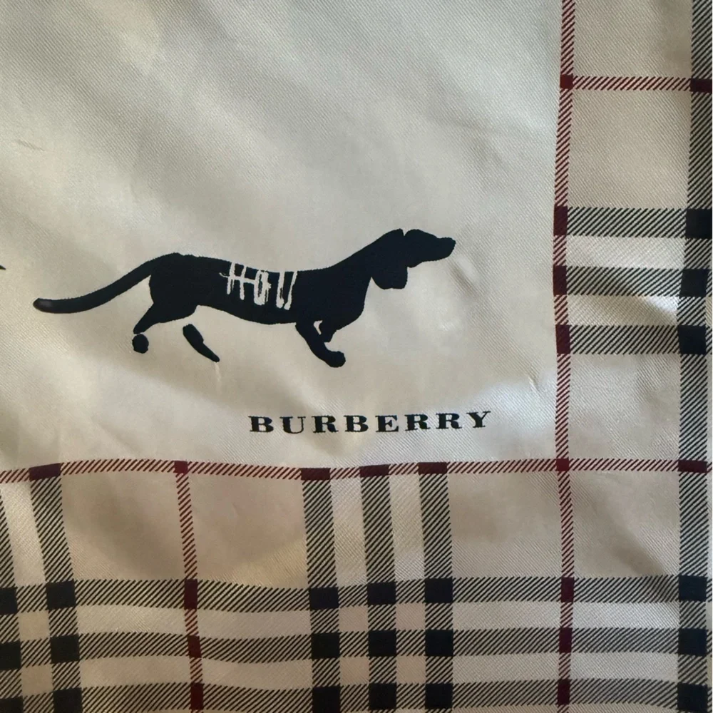 Burberry Vintage Cream and Black Silk Dog Print Scarf. Brand New - 35x35” - Picture 5 of 11